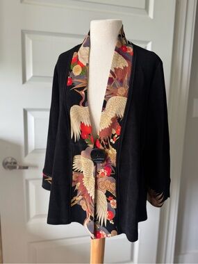 Vintage Moonlight Black Crane Print Art to Wear Cardigan Cardigan Blazer